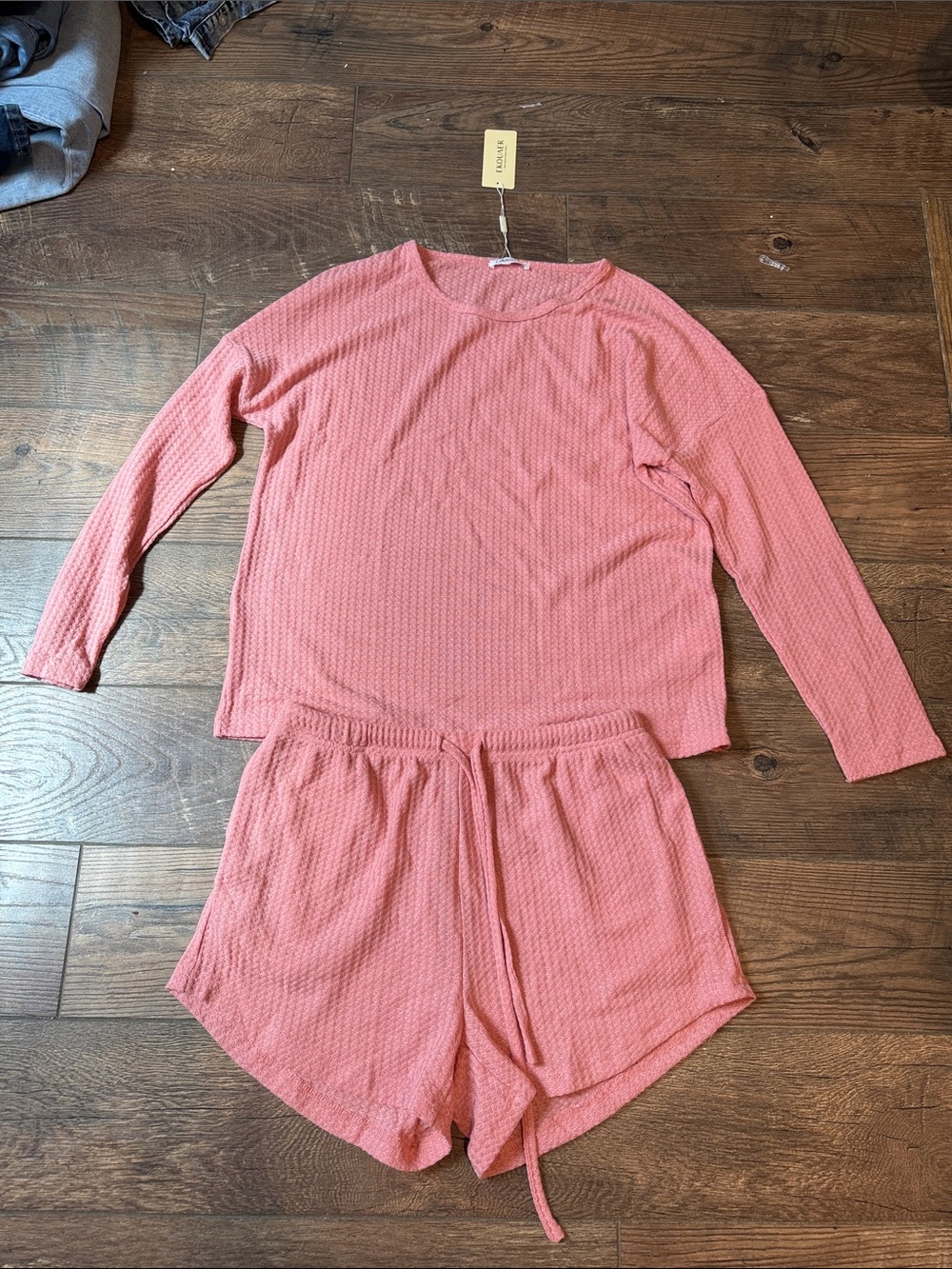 Waffle-Knit Long Sleeve Top & Drawstring Shorts Pajama Set - Pink